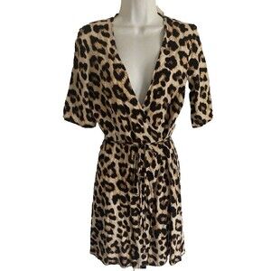 H&M Women's Wrap Dress XS Leopard Print Brown Short Sleeve V-Neck Mob-Wife NWT